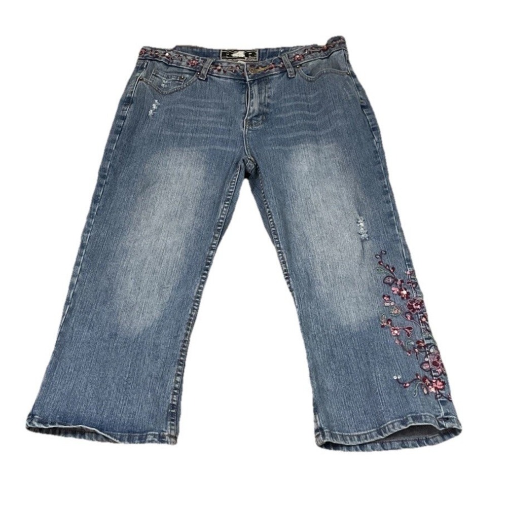Vintage Rave R4R Jeans Womens 13 Floral Embroidered Cropped Whiskered Wash Denim